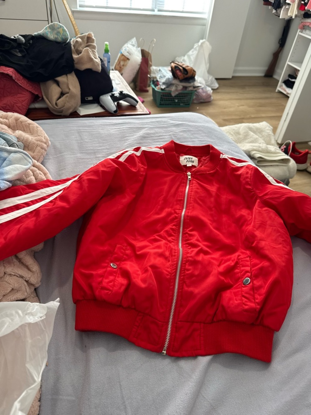 Outer Edge Red Bomber Jacket with White Shoulder Stripes